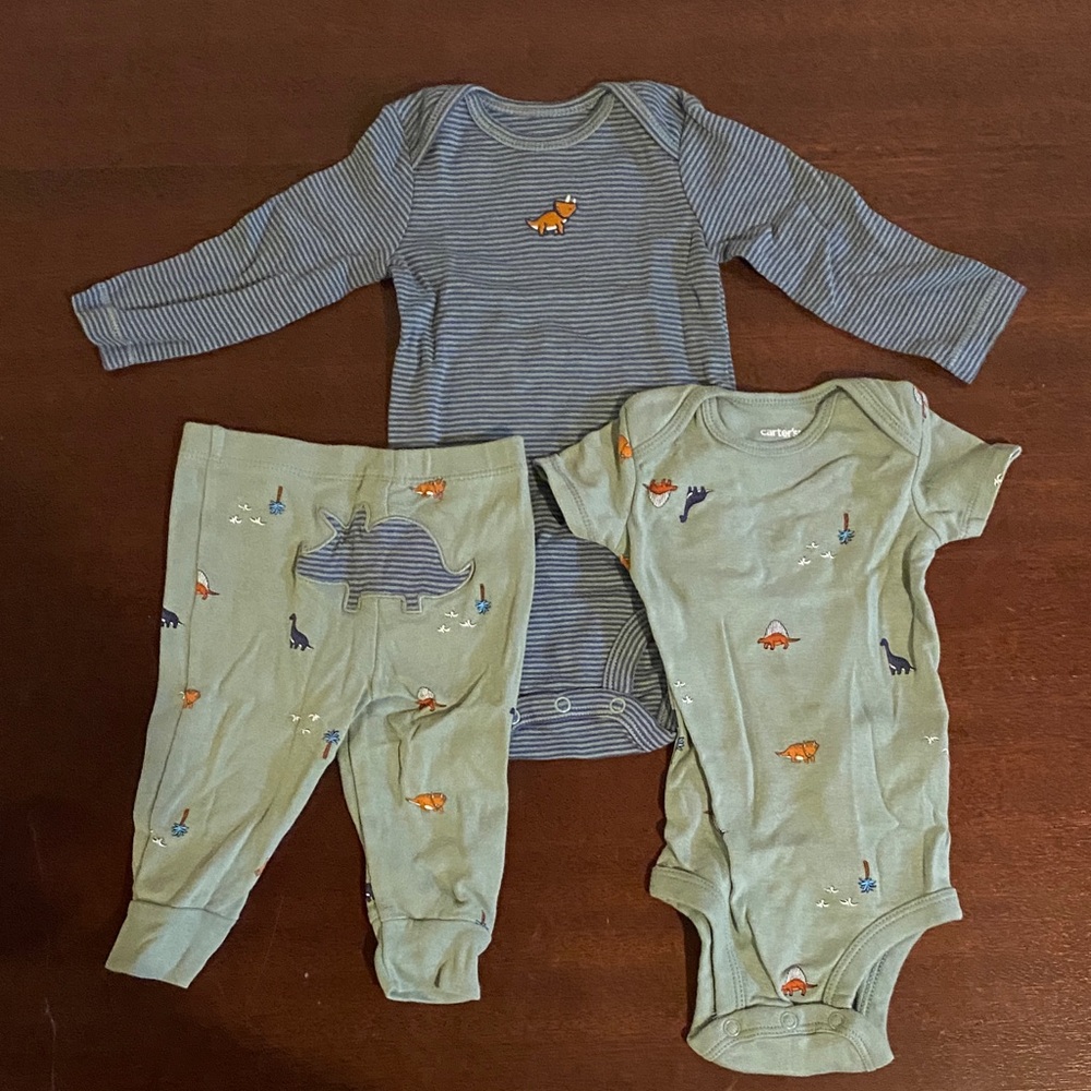 Three piece set green and blue dinosaur sz 6 mos